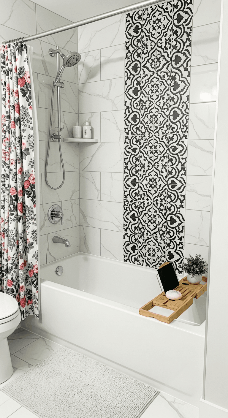 Marble-look bathroom with decorative tile