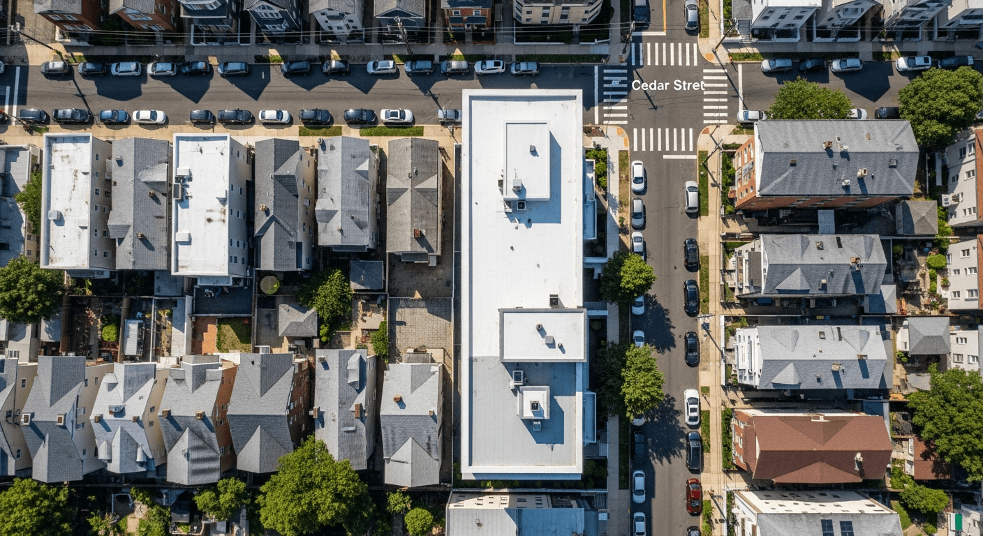 Aerial overhead view of a Watson Realty property and surrounding neighborhood