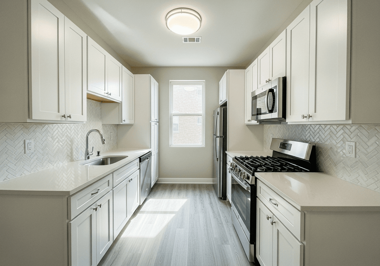 Galley kitchen with stainless steel appliances